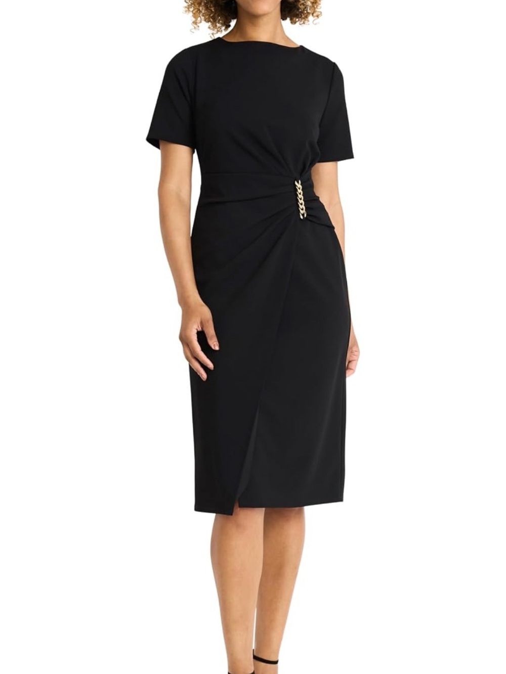 Maggy London Black Pleated Waist Sheath Midi Dress with Gold Chain Accent
